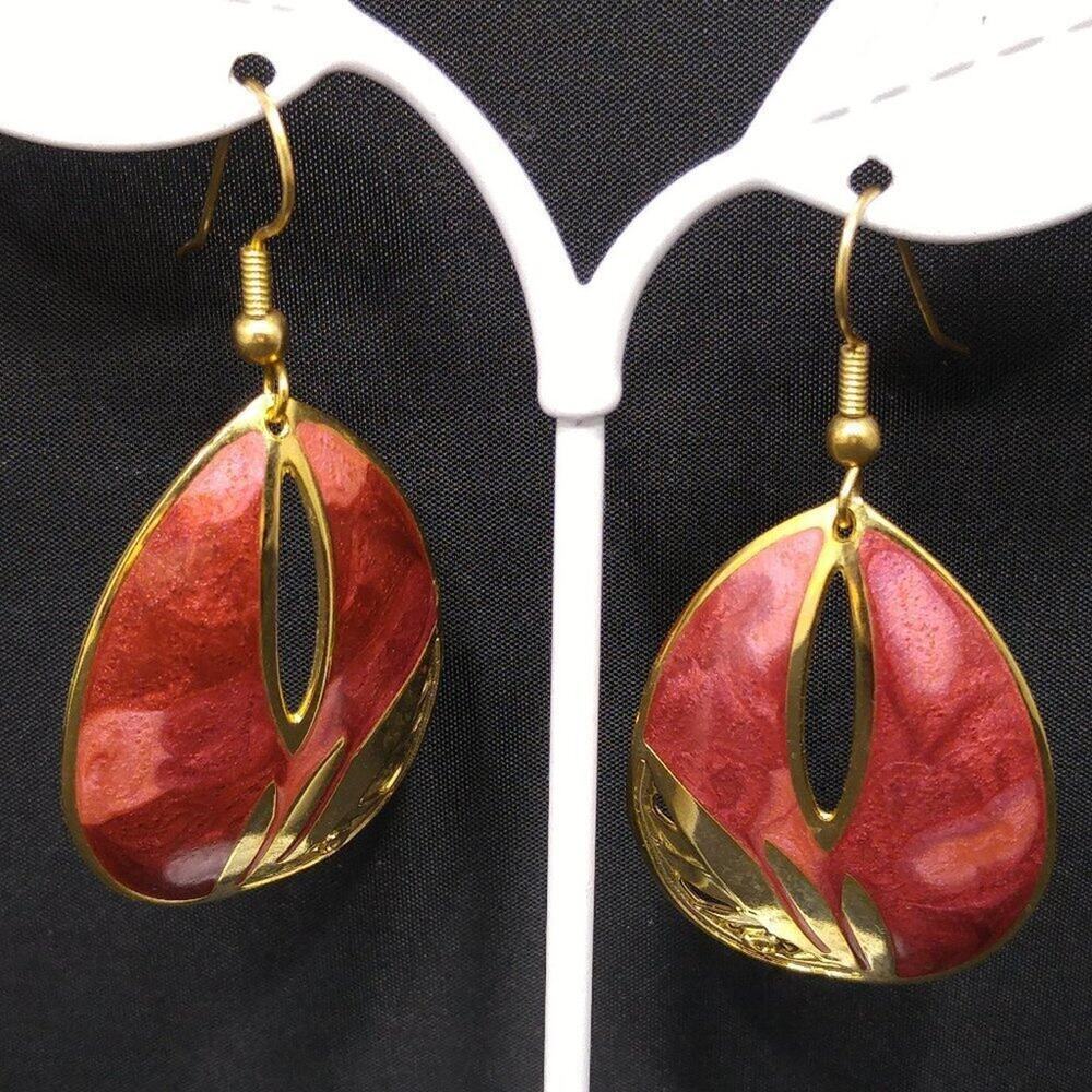 Red Marbled Enamel Gold Plated Drop Earrings, Openwork, 1980s, 2 Inches